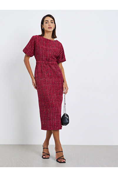 Styli Women Belted Tweed Sheath Midi Dress