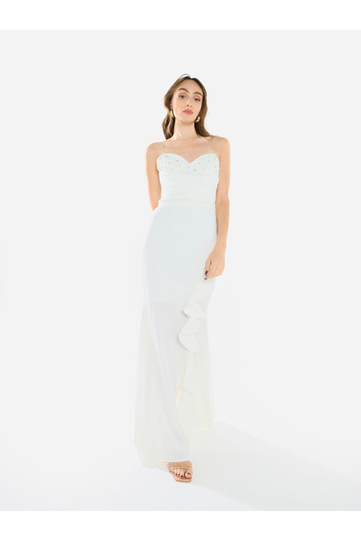 House of Moda By Styli Women Ruffled Cascade Beaded Gown Maxi Dress