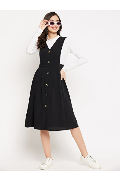 WineRed By Styli Women Black Pinafore Flared Midi Dress