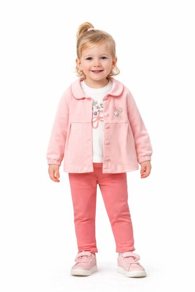 ZEYD ÇOCUK GİYİM Trench Fabric Embroidered Girls 3-Piece Set