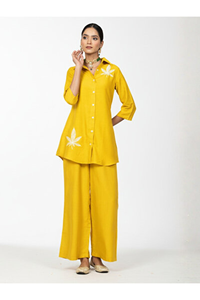 WineRed By Styli Women Embroidered Shirt and Wide Leg Trousers Co-ords