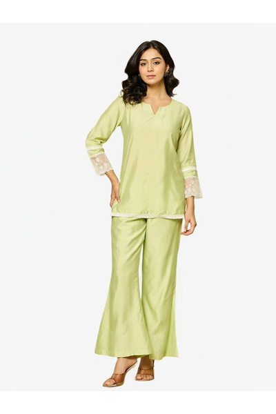 KASYA By Styli Women Green Lace Trim Tunic and Pants Co-Ords