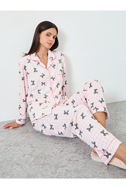 Styli Check Bow Print Shirt and Pyjama Set