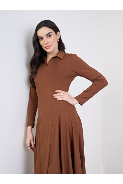 Styli Brown Long Sleeves A-Line Midi Dress