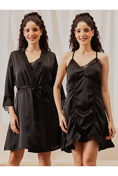 Clovia By Styli Women Black Padded Satin Nightdress with Robe Set