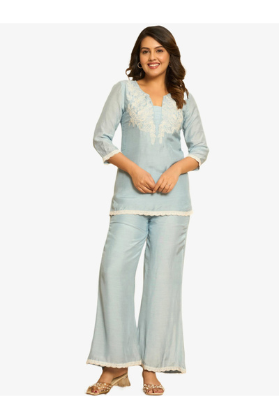 KASYA By Styli Women Blue Lace Insert Viscose Tunic and Pants Co-Ords