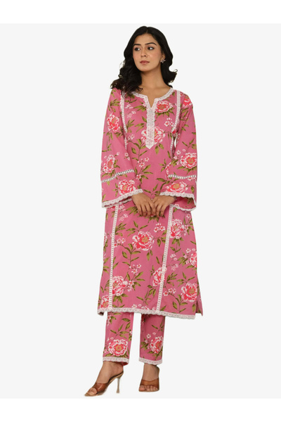 KASYA By Styli Pink Cotton Floral Printed Kurta with Pants Set