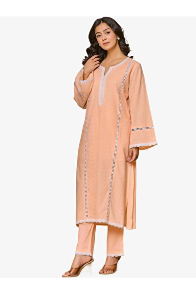 KASYA By Styli Pastel Orange Schiffli Embroidered Pure Cotton Kurta with Pant...
