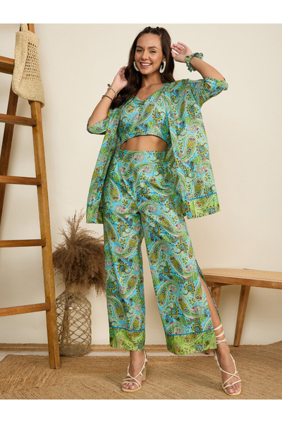 WineRed By Styli Women Green Paisley Print Kimono with Top and Trousers Co-Ords