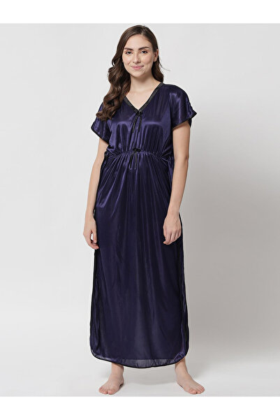 KLAMOTTEN By Styli Women Navy Blue Satin Kaftan Nightdress