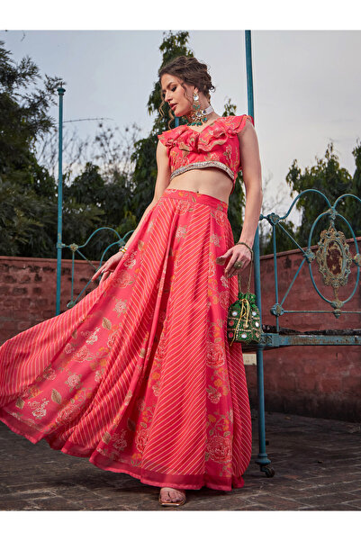 Sassafras By Styli Women Pink Floral Frill Neck Crop Top with Anarkali Skirt Set