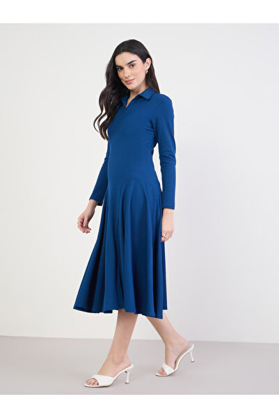 Styli Women Navy Blue Long Sleeves A-Line Midi Dress