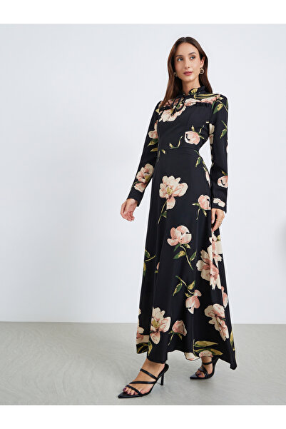 Take Two By Styli Women Floral Printed Tie-up Neck Maxi Dress