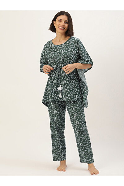 Sanskrutihomes By Styli Floral Drawstring Waist Cotton Kaftan and Pyjama Set