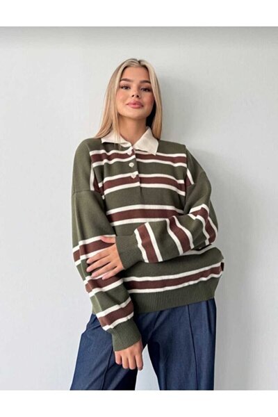 markazzi Women's Striped Polo Neck Knit Sweatshirt