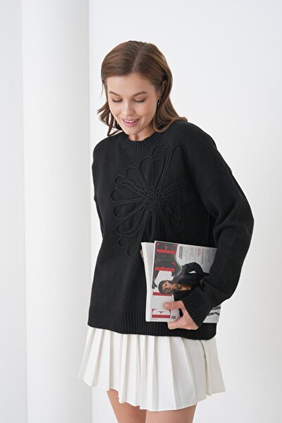 mysimy Women's Circular Neck Patterned Embroidered Soft Textured Knitwear Swe...