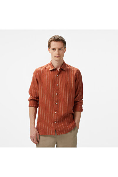 Nautica Erkek Kırmızı Classic Fit Çizgili Keten Gömlek