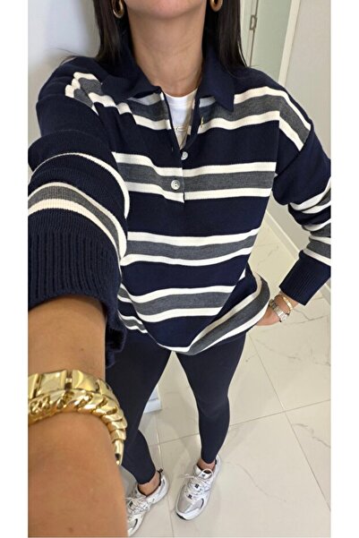 markazzi Women's Striped Polo Neck Knit Sweatshirt