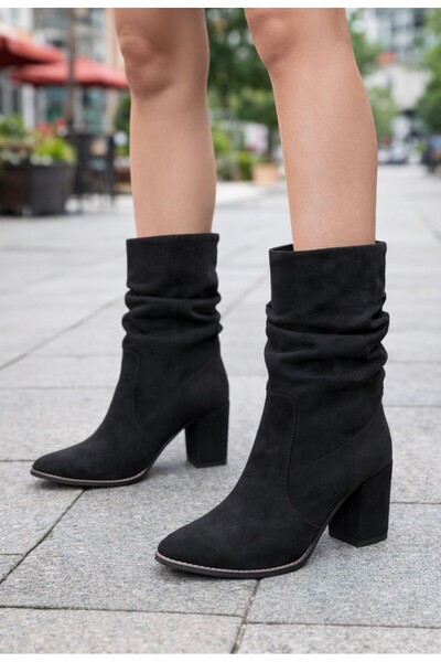 Daloğlu Black Suede Thick Heeled Women's Boots