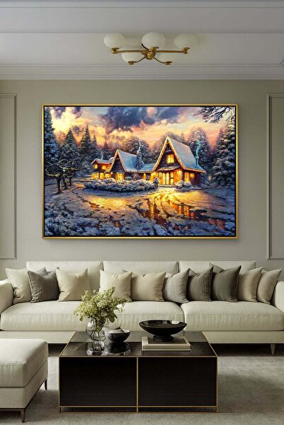 Wallivo Karlı Ormanda Sıcak Işıklı, Rahat Noel Kulübesi Manzarası Gümüş Metal...