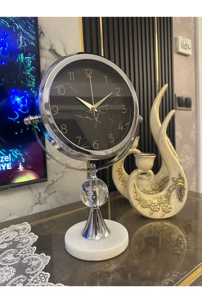 Sleep Nova Mermer Taşlı Kar Küreli Dekoratif Masa Saati (Gümüş)