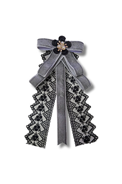pegu baby collection GRİ KADİFE KURDELE DANTEL GÜPÜRLÜ İNCİLİ ÇİÇEKLİ YAKA BR...
