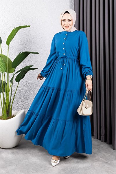 Genel Markalar Belden Bağcıklı Viskon Elbise İNDİGO