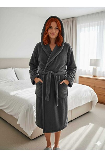 aydenahome ANTRASİT GRİ Wellsoft Peluş Kapşonlu Unisex Sabahlık