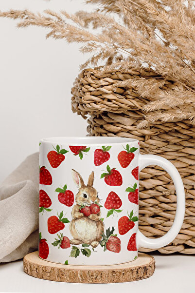 İnci Rüyası Hediyelik İllustrasyon Çilek ve Tavşan Tasarım Kupa Bardak