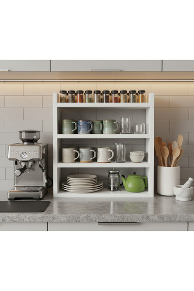 TRENDPİX Mutfak Tezgah Üstü Çok Katlı Raf Baharatlık Kupa Bardak ve Tabak Düz...