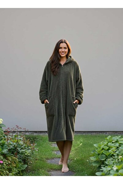 aydenahome HAKİ Wellsoft Kapşonlu Unisex Sabahlık Önden Fermuarlı Sabahlık