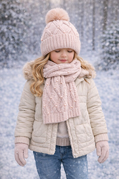 Monkabox 8-12 Year Old Girl Beige Color Pearl Scarf Beret Gloves Set with Fle...
