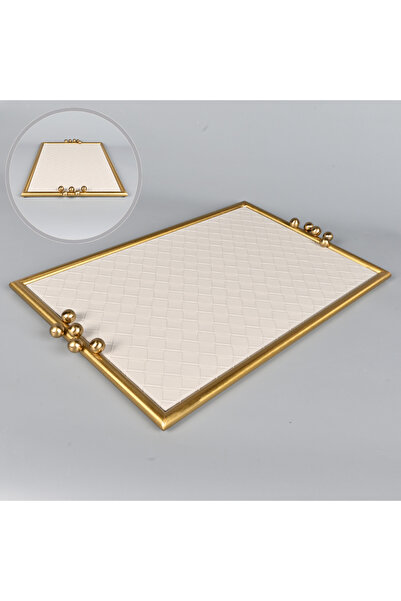 Generic Large rectangular serving tray in light gray faux leather with a copp...