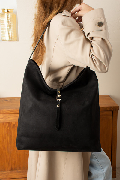 torime Suede Oversized Black Women's Shoulder Bag – Stylish & Spacious Capaci...