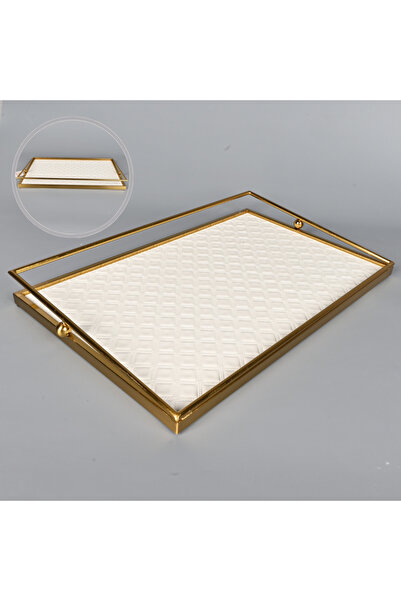 Generic Luxurious rectangular serving tray 47x30cm in off-white faux leather ...