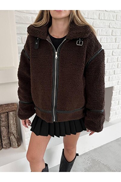 Lunea Womens Women's Brown Zippered Pocket Plush Jacket Coat