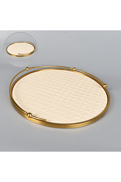 Generic A round serving tray in beige leather, 42 cm in diameter, with an ele...