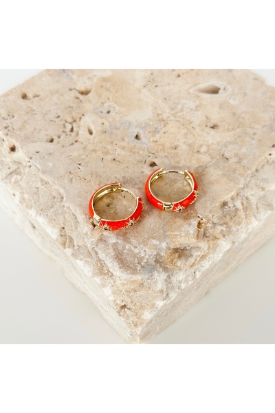 Vesce Atelier Orange Enamel Embellished Gold Star Detailed Hoop Earrings