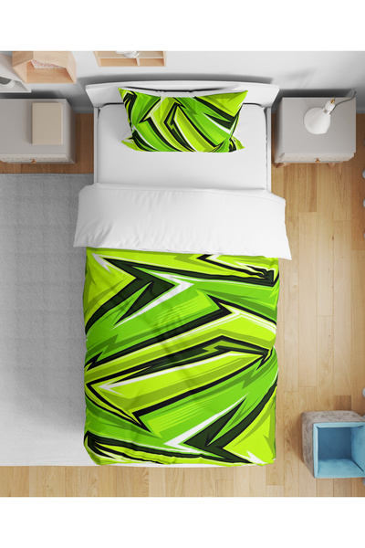 Home Modern Green Lines Pattern 3D Digital Printed Single Size Duvet Cover Se...