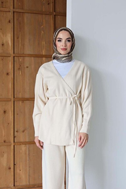 Rimel Moda Kuşaklı Kimono Takım Vanilya