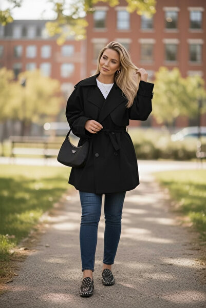 Bibedenstil Kadın oversize rahat kalıp düğmeli kuşaklı trençkot