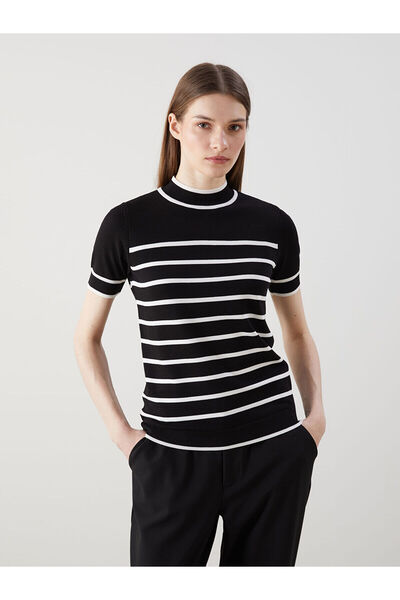 LC Waikiki Gestreifter Damen-Strickpullover mit Stehkragen