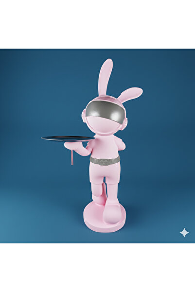 İki Cadı Tasarım Astronot Tavşan Tepsili Sunumluk Polyester Dekoratif Heykel