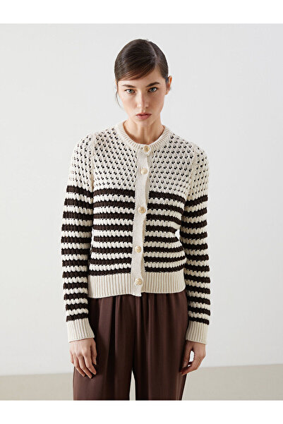 LC Waikiki Cardigan de tricotaj pentru femei LCW Vision Ecru cu decolteu ajurat