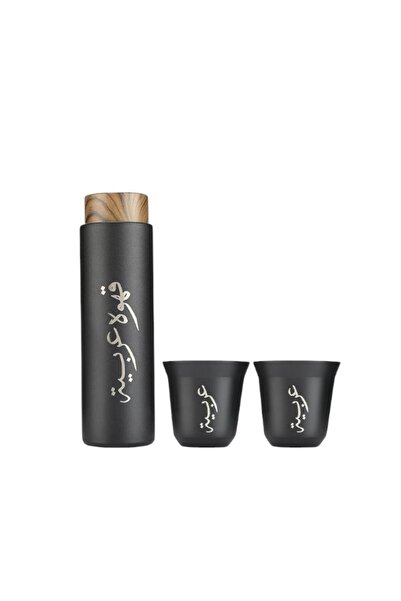 WDA Insulated Thermal Coffee Pot with 2 Coffee Cups, Wood Accent