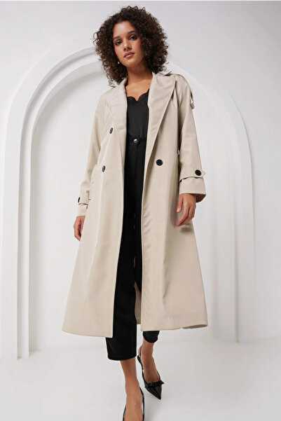 nedo7 5941 Double Breasted Collar Long Trench Coat - Stone