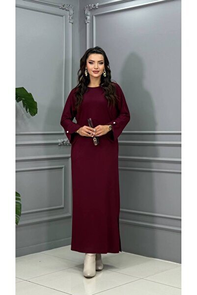 Cannes Long Sleeve Cuffed Belted Long Burgundy Dress