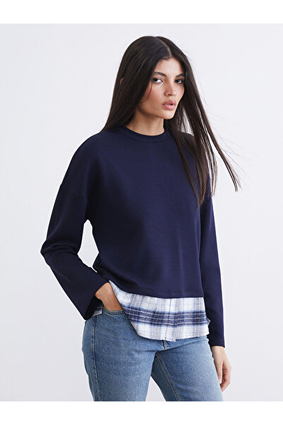 LC Waikiki Navy Blue Plaid Oversized Soft Touch Women's Sweatshirt