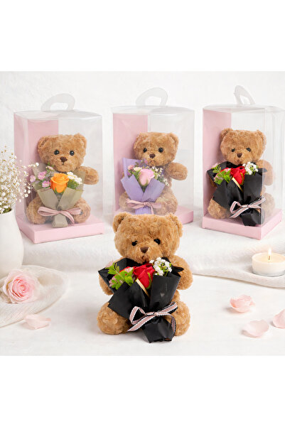 JML1 Gift Decoration Teddy Bear 30cm with Artificial Bouquet 18cm in Transpar...