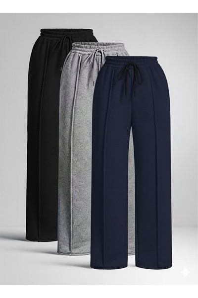 LOSMARY ÜÇ ADET ÖNÜ ÇIMALI SİYAH GRİ LACİVERT DÜZ PAÇA EŞOFMAN ALTI